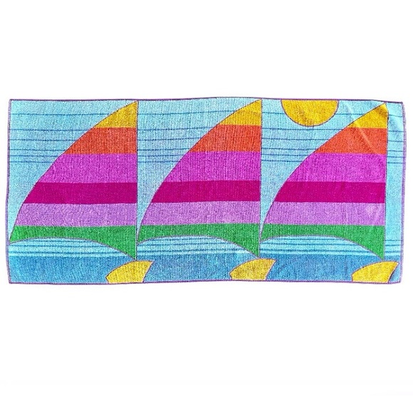 Vintage Beach Towel Abstract Sailboat Cotton Retro Colorful Fun Terry Towel - Picture 2 of 8